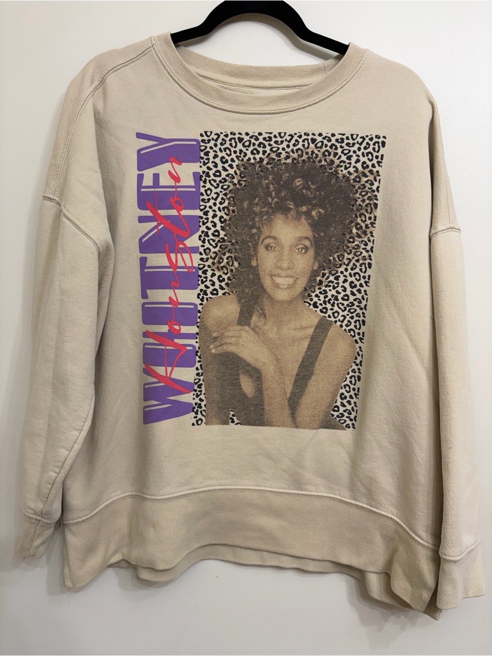 Vintage Graphic Sweatshirt Featuring Whitney Houston Portrait - Beige